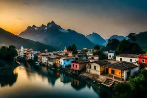 un río carreras mediante un pueblo a puesta de sol. generado por ai foto