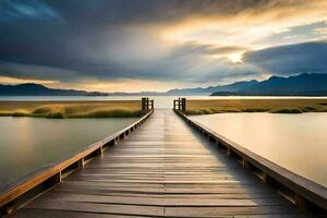 a wooden bridge stretches across the water at sunset. AI-Generated photo