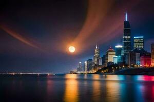 el chicago horizonte a noche con un lleno Luna. generado por ai foto