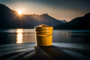 un Cubeta de arena se sienta en el apuntalar de un lago a puesta de sol. generado por ai foto