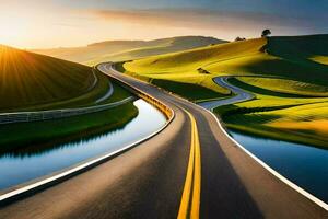 a long road with a winding road in the middle of a green field. AI-Generated photo