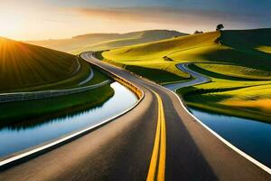 un largo la carretera con un devanado la carretera en el medio de un verde campo. generado por ai foto