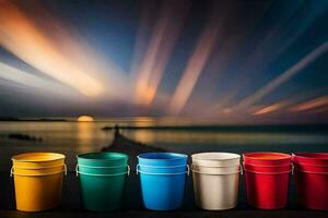 colorful buckets on a dock with a sunset in the background. AI-Generated photo