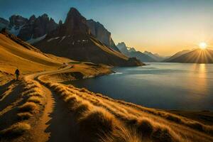 the sun rises over the mountains and lake in patagonia. AI-Generated photo