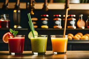 three different types of juices are lined up on a table. AI-Generated photo