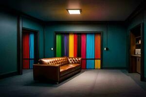a room with a leather couch and colorful walls. AI-Generated photo