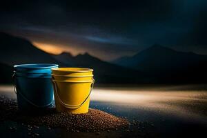 two buckets of coffee sitting on a beach with mountains in the background. AI-Generated photo