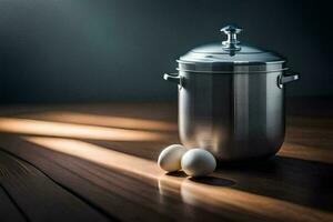 a stainless steel pot and two eggs on a wooden table. AI-Generated photo