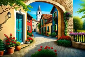 an illustration of a street with flowers and a door. AI-Generated photo