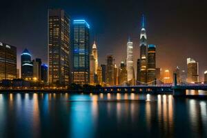 el ciudad horizonte a noche en Dubái generado por ai foto