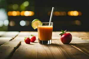 a glass of juice with a straw and strawberries. AI-Generated photo