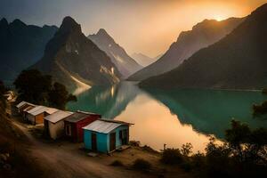 a lake and a mountain range with a hut in the foreground. AI-Generated photo