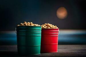 two buckets of peanuts on a table. AI-Generated photo