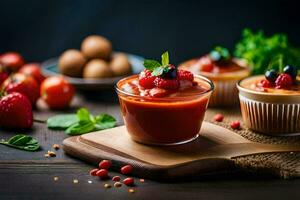 a bowl of tomato sauce with fresh berries and vegetables. AI-Generated photo