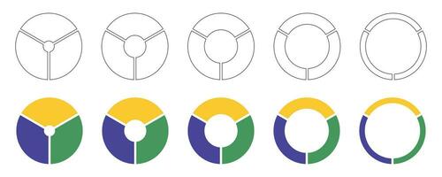Wheels round divided, three sections. Diagrams infographic set. Circle section graph art. Pie chart icons. Donut multicolored charts, pies segmented on 3 equal parts. Geometric vector simple elements.
