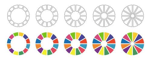 Donut charts, pies segmented on 12 equal parts. Diagrams infographic multicolored set. Wheels divided in twelve sections. Circle section graph. Pie chart round icons. Loading bars collection. Vector. vector