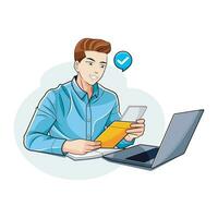 Businessman. A young man smiling reads a contract. Vector Illustration