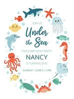 Birthday invitation party under the sea. Invitation card with cute sea life elements. Cartoon vector illustration