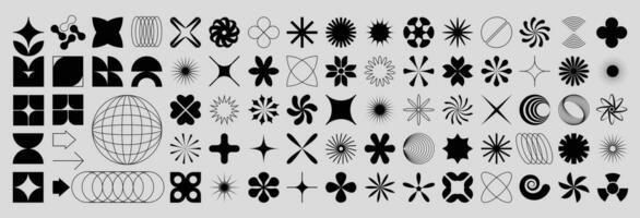 Brutalist abstract shapes set. Brutalism geometric forms circle, floral, symbol, star, bauhaus forms, and other minimalist primitive elements. Vector contemporary black shapes and icon silhouettes set