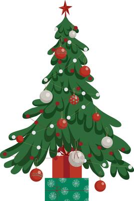 Green Christmas tree decorated with balls and garlands and gift-boxed presents. Christmas card, web design, poster, game, and banner design element. Template. Isolated vector illustration EPS 10.