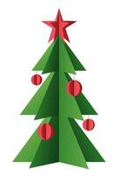 Paper-cut Christmas tree decorated with red balls and star. Christmas card, web design, poster, game, and banner design elements. Template. Isolated vector illustration EPS 10