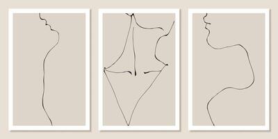 Line art minimalist woman neck and shoulders silhouette set of 3 posters. Simple vector illustrations of the female body in a trendy linear style. Line drawing on a beige background.