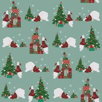 Seamless Christmas pattern with a polar bear, gift boxes, and a Christmas tree on a blue background. Winter holidays vector surface pattern. New Year vector design for packaging, fabric, and wrapping.