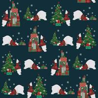 Seamless Christmas pattern with a polar bear, gift boxes, and a Christmas tree on a dark blue background. Winter holidays surface pattern. New Year vector design for wrapping paper and fabric.