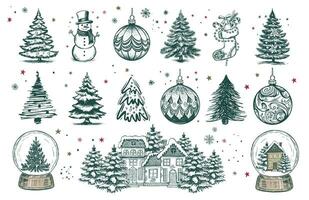 Christmas tree, toys, hand drawn style, vector illustration