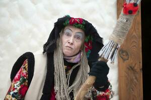 Baba Yaga. Fairy tale character evil grandmother from Russian fairy tale. Halloween costume. photo