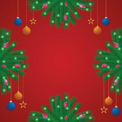 Merry Christmas posts with leaves and balls with golden stars and light