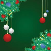 Realistic Christmas post with leaves and red with white balls and light vector