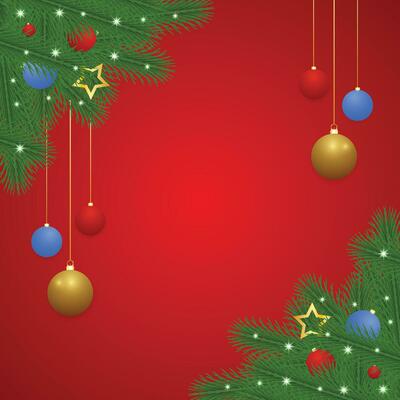 Realistic Christmas post with leaves and balls with light and stars