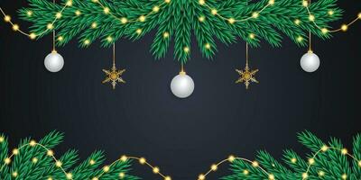 Christmas banners with leaves and white balls with light and golden snowflakes vector