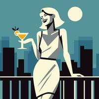 Woman at a rooftop party, depicted with minimalistic charm and a touch of whimsy vector illustration, Lady at an urban city view party stock vector image