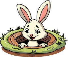 Cute rabbit coming out of a rabbit hole cartoon vector illustration, Happy bunny peeking out of a ground hole stock vector image, colored and black and white line art