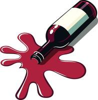 Wine bottle with deep red wine pooling around, vector illustration,  Spilled bottle of red wine on a surface, isolated on white background, stock vector image