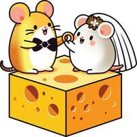 Hamster wearing a bowtie and a mouse in a veil, exchanging rings atop a piece of cheese vector illustration, hamster and mouse marriage wedding stock vector image, hamster or mouse couple