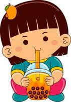 girl kids drinking iced bubble vector illustration