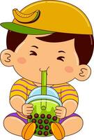 chico niños Bebiendo con hielo burbuja vector ilustración
