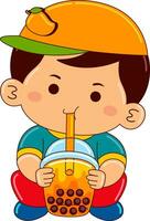 boy kids drinking iced bubble vector illustration