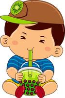 boy kids drinking iced bubble vector illustration