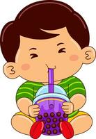 boy kids drinking iced bubble vector illustration