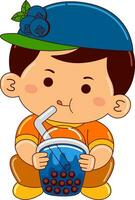 boy kids drinking iced bubble vector illustration