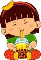 girl kids drinking iced bubble vector illustration