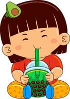 girl kids drinking iced bubble vector illustration