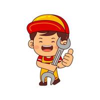 cute mechanic boy cartoon character vector illustration