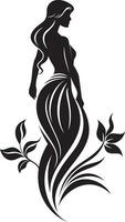Silhouette of a beautiful girl with flowers in a long skirt. Vector illustration