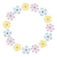 Blue, purple and yellow wildflowers. Round wreath of simple flowers. Watercolor isolated illustration. For the design of postcards for Easter, birthday, International Women's Day vector