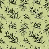 Olive branches, leaves and fruits. Seamless pattern. Hand draw illustration in sketch style. Engraving. Background for fabric, packaging paper, scrapbooking, product packaging design vector